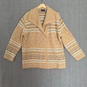 Vintage Liz Sport Tan Ivory Gray 100% Wool Fair Isle Open Front Cardigan Size M